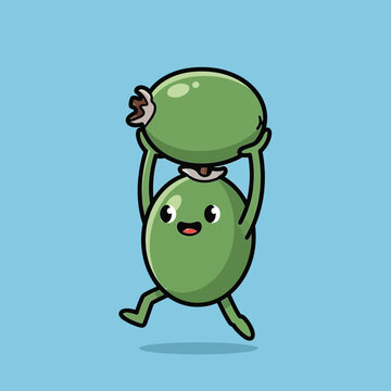Playful Kawaii Olive Character Balancing Fruit on Head