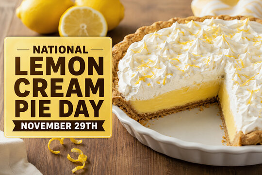 National Lemon Cream Pie Day Slice and Whole Pie with Lemons