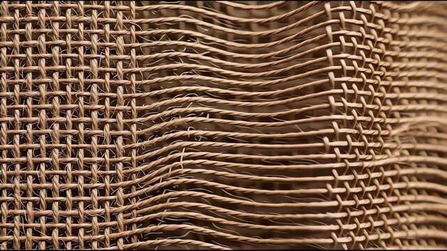 Close up shot of natural hemp strings moving in a rhythmic grid pattern creating a rustic seamless textile background transition