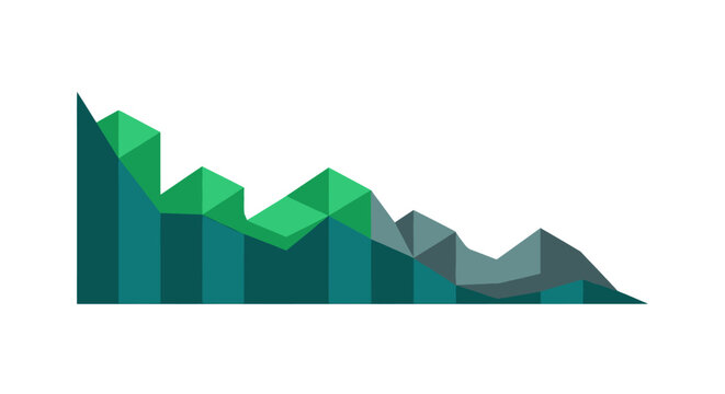 Abstract Low Poly Geometric Chart with Downward Trend and Teal Green Tones, Negative Growth Concept, Isolated on White Background