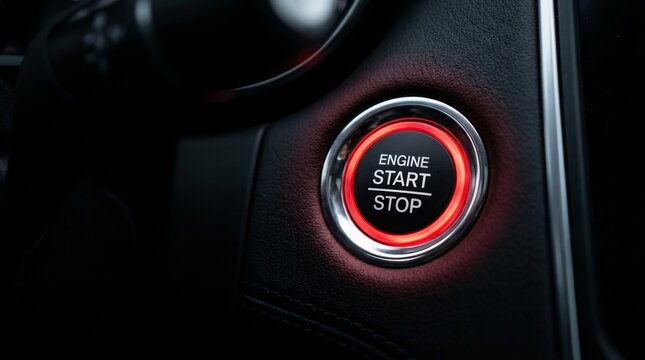 Close-up of a glowing red engine start stop button in a car dashboard
