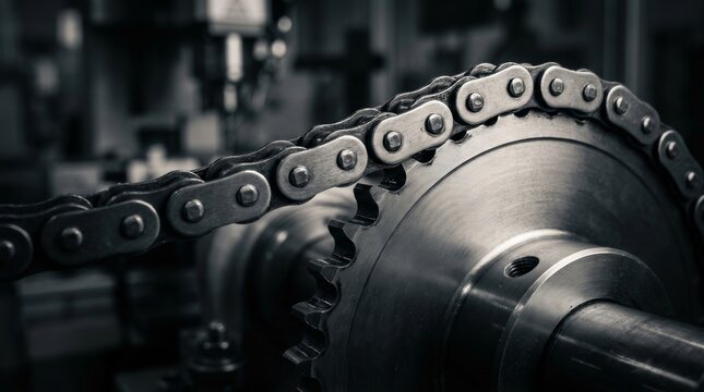 Industrial roller chain and gear drive shaft on a production line.