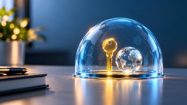 Secure golden key and crystal earth globe enclosed in a futuristic energy shield dome on a desk, representing concepts of global cybersecurity, data protection, and environmental safety.