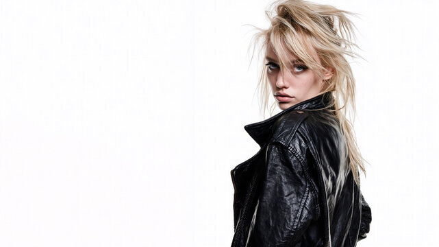 A white grunge girl with an indifferent, cynical expression, wearing a leather jacket, isolated on a white bakcground