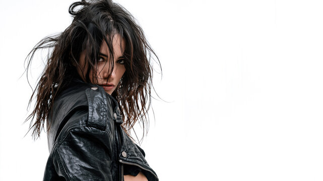 A white grunge girl with an indifferent, cynical expression, wearing a leather jacket, isolated on a white bakcground