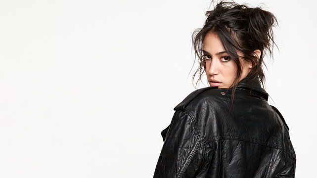 A hispanic grunge girl with an indifferent, cynical expression, wearing a leather jacket, isolated on a white bakcground