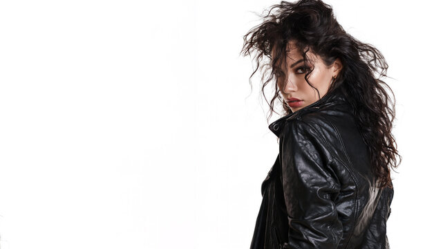 A hispanic grunge girl with an indifferent, cynical expression, wearing a leather jacket, isolated on a white bakcground