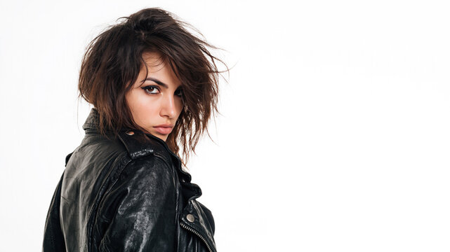 A hispanic grunge girl with an indifferent, cynical expression, wearing a leather jacket, isolated on a white bakcground