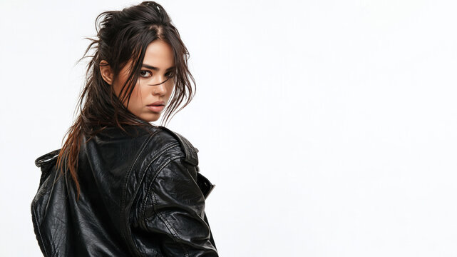 A hispanic grunge girl with an indifferent, cynical expression, wearing a leather jacket, isolated on a white bakcground