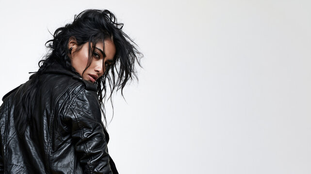 A indian grunge girl with an indifferent, cynical expression, wearing a leather jacket, isolated on a white bakcground