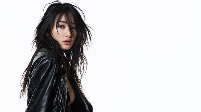 A asian grunge girl with an indifferent, cynical expression, wearing a leather jacket, isolated on a white bakcground