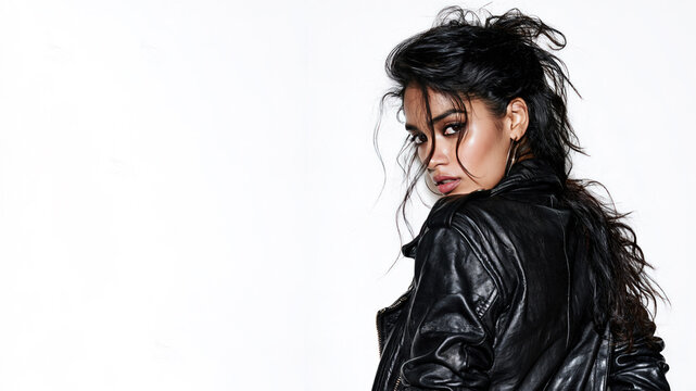 A indian grunge girl with an indifferent, cynical expression, wearing a leather jacket, isolated on a white bakcground