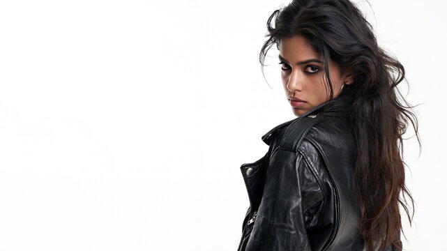 A indian grunge girl with an indifferent, cynical expression, wearing a leather jacket, isolated on a white bakcground