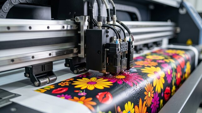 Modern digital inkjet printer performing an industrial printing color test.