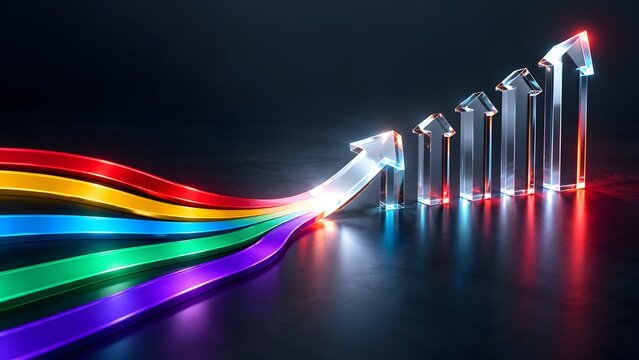 Colorful rainbow paths merging into a glowing upward glass arrow and bar charts representing diversity integration unified business strategy and financial growth