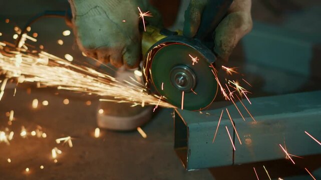 Worker grips grinder with focused determination. Sparks fly as metal cuts with bright, energetic bursts. Hands steady, eyes fixed on the task ahead. Ideal for construction, industrial, or DIY projects