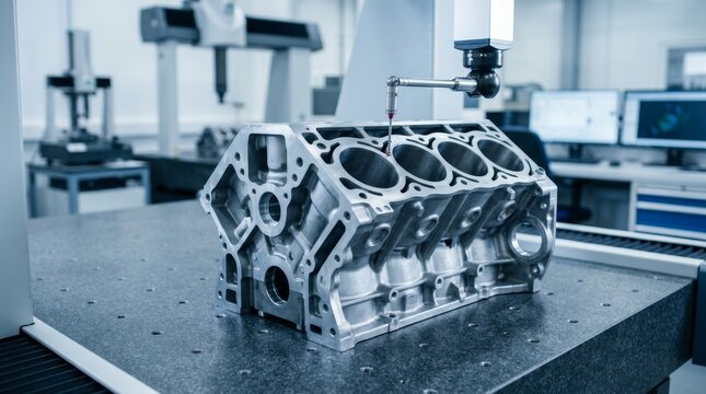 Precision quality control on a diesel engine cylinder block using a coordinate measuring machine.