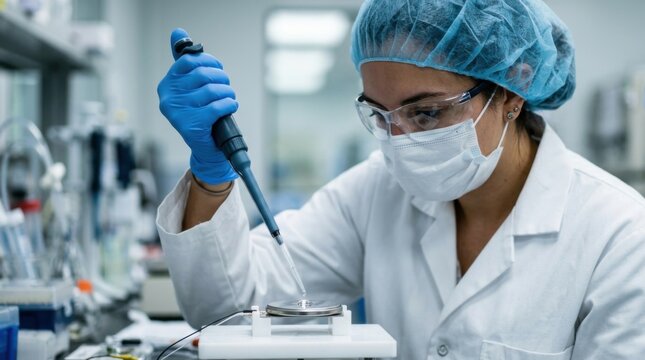 Materials science researcher using a micropipette to apply liquid electrolyte solution onto a stainless steel electrochemical coin cell in a cleanroom laboratory.