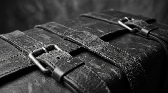 Leather suitcase with straps and buckles, close-up monochrome detail showing scuffs, worn hide, and travel wear