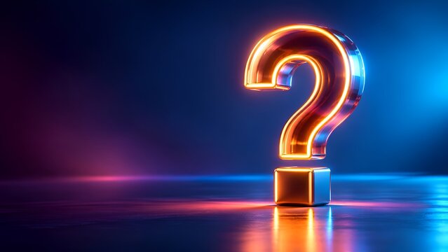 Vibrant Glowing 3D Neon Question Mark Symbol Standing on a Glossy Reflective Surface with Cinematic Blue and Purple Futuristic Lighting for Concepts of Mystery, FAQ, Support, and Digital Inquiries