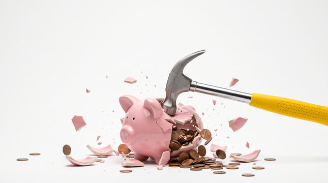 Piggy coins bank broken beneath hammer with scattered money and fragments. Finance bankruptcy debt crisis. investment budget risk loss, saving piggybank money wealth, poverty