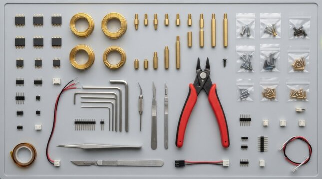 Knolling flat-lay arrangement of micro sensor assembly parts, silicon MEMS packages, gold solder wire, brass hex standoffs, wire strippers, and micro hex keys on a clean white anti-static mat.