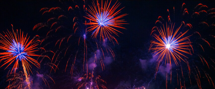 Purple Firework celebrate anniversary happy new year 2027, 4th of july holiday festival. Purple firework in night time celebrate national holiday. Violet firework Countdown to new year 2026 festival