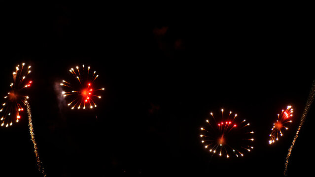 Golden Firework celebrate anniversary happy new year 2026, 4th of july holiday festival. Gold firework night time celebrate national holiday. Happy new year 2026, 4th of july holiday black background