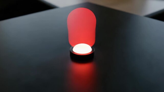 Red glowing button pulsates with light on dark reflective surface, abstract concept