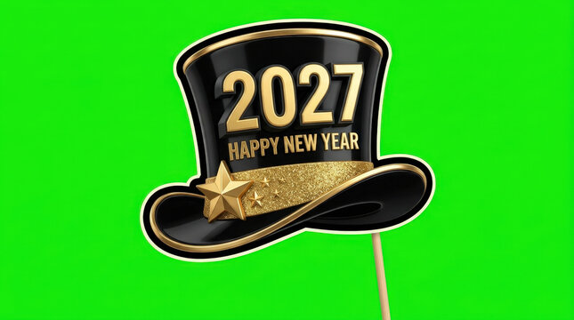 Black and gold top hat photo booth prop with 2027 happy new year typography and glitter star element on green screen background.