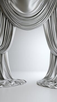 Elegant grey satin drapery framing a blank light grey studio set for product display, stage backdrop and luxury presentation