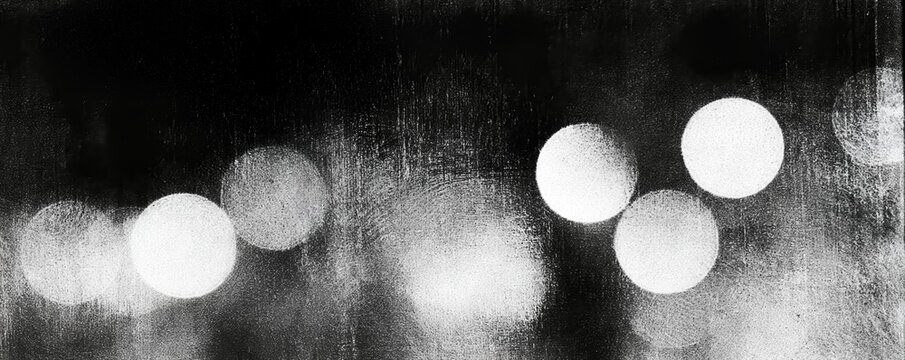 Monochrome abstract image of out of focus lights and grain for artistic background, texture overlay and vintage bokeh effect