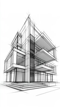 Contemporary architectural wireframe drawing of a modern multi level house for architectural design presentation and background
