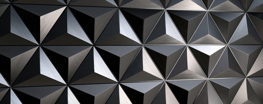 Modern three dimensional geometric metallic wall pattern with triangular facets for architectural background and surface texture design