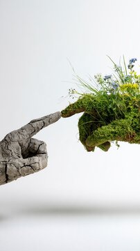 Two hands in profile touching fingertips one cracked stone and one mossy with flowers for nature and technology background or poster