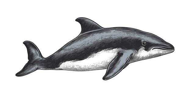 A detailed hand-drawn illustration of a black and white dolphin swimming against a white background.