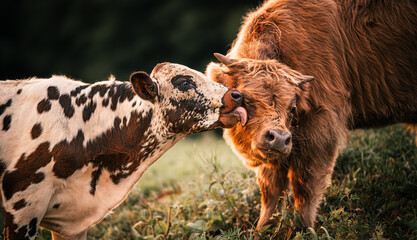 Spotted calf licking the face of a fluffy ginger Highland calf in a pasture © Lauren Webster