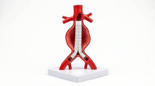 Medical model of an abdominal aortic aneurysm with an endovascular stent graft on white background