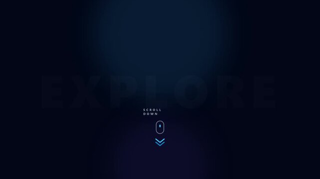 A microstock-safe, high-resolution scroll down indicator featuring an animated mouse wheel and staggered, physics-based bouncing chevrons driven entirely by time-based trigonometric functions.