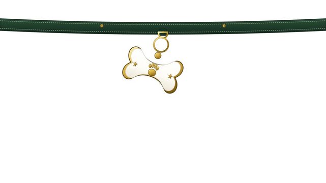 Premium 2D vector animation of an ivory bone pet identification tag with a brass rim and paw print emblem swinging smoothly from a forest green collar in an 8-second transparent seamless loop.