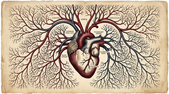 Detailed vintage anatomical engraving of the human heart and circulatory system on aged parchment.
