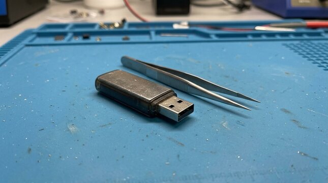 Close-up of a thumb drive on a lab mat beside tweezers, USB flash drive evidence and data storage