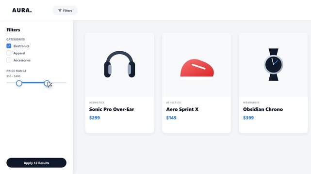 A clean e-commerce UI animation demonstrating a sidebar filter sliding in from the left and smoothly pushing the main product grid to the right, triggered by a simulated cursor.