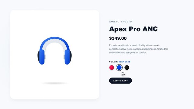 A high-end e-commerce UI animation demonstrating a simulated cursor interacting with color swatches, triggering a smooth, instantaneous crossfade between product color variations.