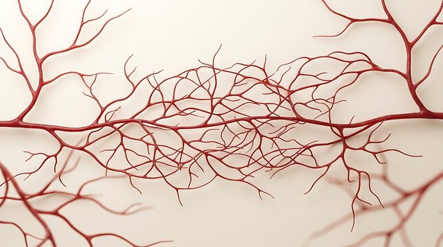 Abstract red blood vessel network medical illustration of veins and capillaries on white background