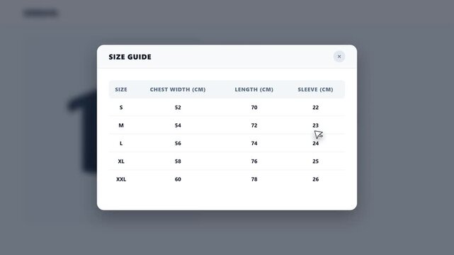 A high-fidelity e-commerce UI animation showing a simulated cursor clicking a 'Size Guide' button, triggering an elastic scale-up modal with a blurred background backdrop.