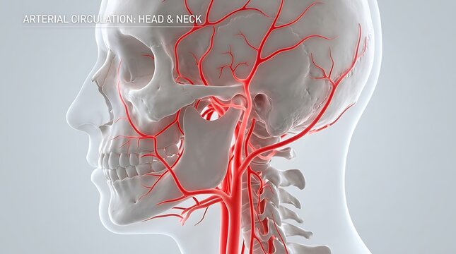 3D Illustration of Arterial Circulation in the Human Head and Neck Showing Carotid Arteries and Skull