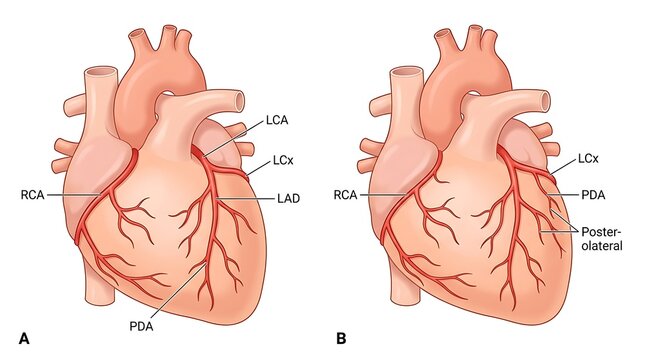 Medical illustration of human heart coronary artery anatomy showing RCA, LCA, LCx, LAD, and PDA