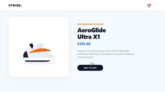 A dynamic e-commerce UI animation demonstrating a simulated cursor clicking an 'Add to Cart' button, triggering a product clone to fly in a smooth curved arc trajectory into the shopping cart icon.