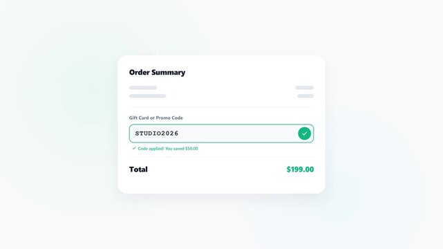 A premium microstock-safe UI animation of a promo code validation process. Features a satisfying stroke-drawn checkmark inside a morphing button, followed by an elegant burst of golden 4-point stars,